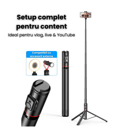 Trepied Foto HASEPE Telescopic Profesional 180cm Cu Telecomanda Bluetooth, Stativ Telefon Extensibil Din Aluminiu Si ABS, Trepied Foto Stabil, Stativ Telefon Reglabil Pentru Selfie Video Live, Negru [5]