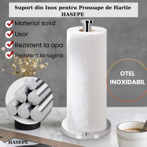 Suport pentru prosoape de hartie HASEPE, Organizator role, Cu baza STABILA, Capacitate buna de incarcare, Rezistent si durabil, Usor de instalat si utilizat, Pentru bucatarie, Baie, Birou, Inox, 33 X  [1]