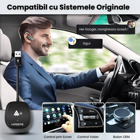 Modulator Android Auto Wireless HASEPE, USB/USB-C, Reconectare Automata, Streaming Netflix, YouTube, TikTok, Navigatie, Muzica, Apeluri, Negru [3]