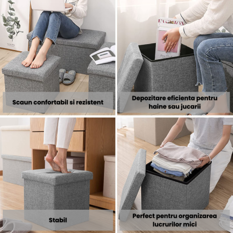 Taburet pliabil cu spatiu de depozitare HASEPE, MDF rezistent, tip otoman, pentru living sau dormitor, gri deschis, 45x30x30 cm [4]