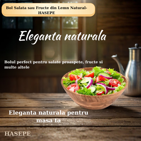 Bol mare pentru salată și fructe HASEPE, design rustic elegant, lemn natural, culoare închisă, 29x10.5cm, capacitate 3.5L [3]