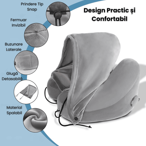Perna Gonflabila de Calatorie HASEPE, cu Gluga Detasabila, Design Ergonomic pentru Gat, Material Catifelat, Sac de Transport Inclus, Ideala pentru Avion, Masina, Birou, Gri [5]