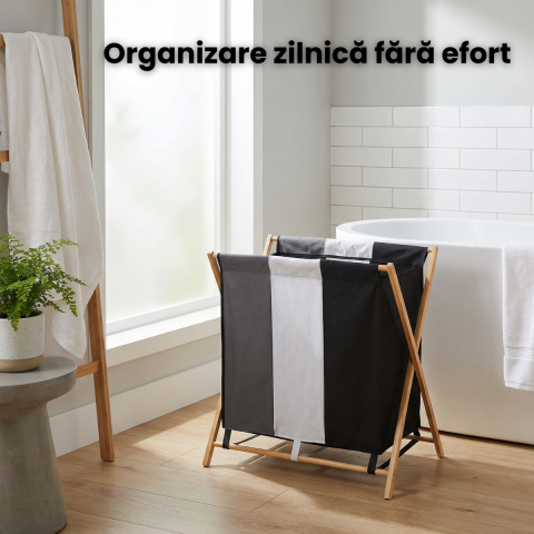 Cos Rufe HASEPE Triplu, Cu Cadru Din Bambus, Cos Rufe Cu 3 Compartimente Pentru Sortare Haine, Cos Rufe Pliabil Cu Material Rezistent, Tricolor, Organizare Eficienta Spatiu, Dimensiuni 72.5 x 40 x 74 [1]