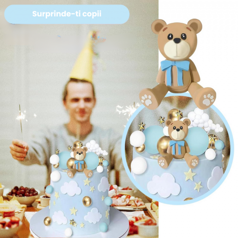 Set 38 Decoratiuni Topper Tort Ursulet Albastru HASEPE, pentru Botez, Baby Shower si Aniversari, Reutilizabile, Spuma si Plastic [3]