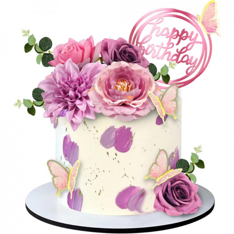 Set 20 Piese Topper Flori si Fluturi pentru Tort HASEPE, Happy Birthday, Nunta, Aniversari, Petreceri [0]