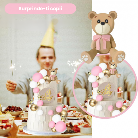 Set 38 Decoratiuni Topper Tort Ursulet Roz HASEPE, pentru Botez, Baby Shower si Aniversari, Reutilizabile, Spuma si Plastic [3]