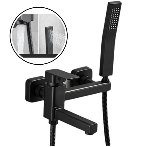 Baterii sanitare - Baterie cada si dus cu montaj in perete HASEPE, cartus ceramic, set de dus si pipa cu comutator, rezistenta la coroziune si uzura, negru