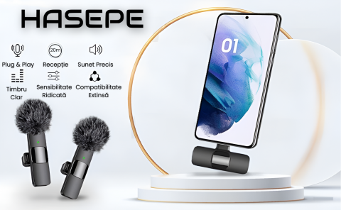 Set 2 Microfoane Lavaliera Profesionala Wireless HASEPE, Mini Mic Pro, Compatibil iPhone, Android, Laptop, Tableta, Type C, Lightning, Reducere Zgomot, Reincarcabile, Portabile, 2,4 GHz, Live Streamin [2]