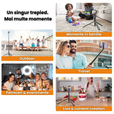Trepied Foto HASEPE Telescopic Profesional 180cm Cu Telecomanda Bluetooth, Stativ Telefon Extensibil Din Aluminiu Si ABS, Trepied Foto Stabil, Stativ Telefon Reglabil Pentru Selfie Video Live, Negru [2]