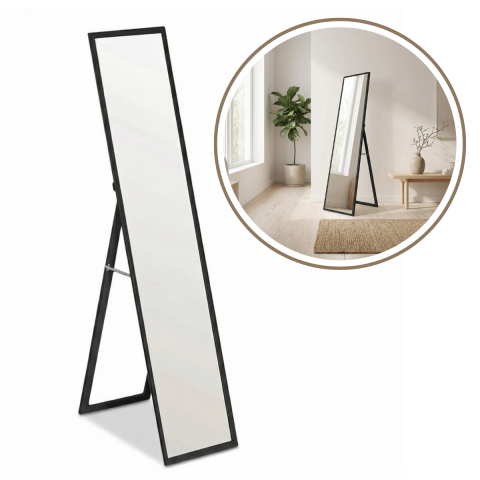 Decoratiuni Interioare - Oglinda de Podea HASEPE cu Rama Neagra din Lemn, Oglinda Decorativa pentru Hol si Dormitor, Oglinda de Podea cu Suport Stabil din Lemn, Design Modern Minimalist, Oglinda Decorativa pentru Interior, Di