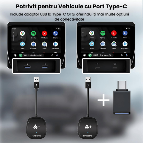 Modulator Android Auto Wireless HASEPE, USB/USB-C, Reconectare Automata, Streaming Netflix, YouTube, TikTok, Navigatie, Muzica, Apeluri, Negru [1]