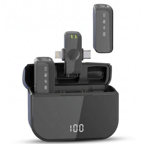Microfoane - Set 2 Microfoane Lavaliera Wireless  HASEPE®, Microfon Lavaliera Dual Lightning USB-C, Lavaliera Wireless Cu Reducere Zgomot CVC, 2.4G, Baterie 600mAh, Pentru Vlogging, Streaming, Interviuri, Compatib