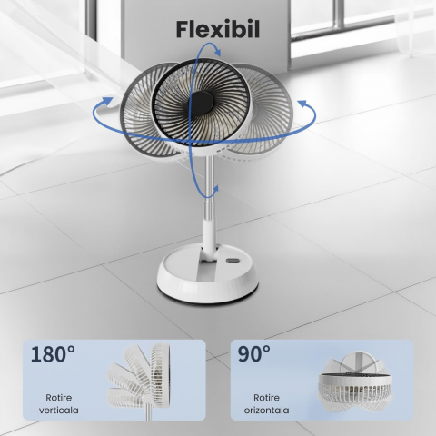 Ventilator portabil telescopic HASEPE, pliabil cu telecomanda, 3 viteze, reglabil pe inaltime 35-85 cm, rotire automata 90°, cap inclinabil 180°, USB, diametru 20 cm, alb [5]