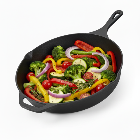 Ustensile gatit - Tigaie rotunda din fonta HASEPE, compatibila cu inductie, cu manere duble si margini de scurgere, incalzire uniforma, durabila si usor de curatat, 26 x 5 cm