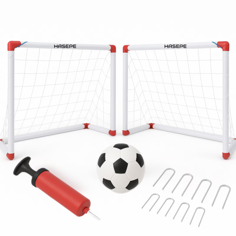 Sport & Travel - Set 2 porti fotbal HASEPE cu minge si pompa cu ac, Plasa ranforsata si carlige fixare, Porti fotbal portabile copii si adulti, Mini porti fotbal pentru antrenament, joc, curte, parc sau interior, Acce