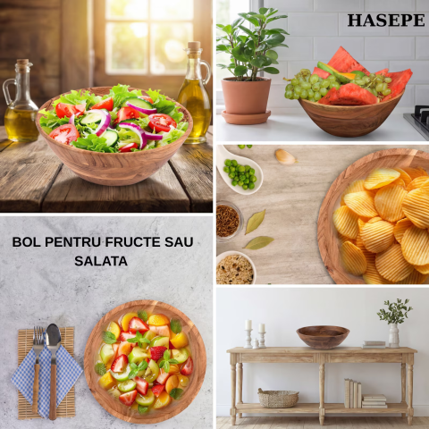 Bol mare pentru salată și fructe HASEPE, design rustic elegant, lemn natural, culoare închisă, 29x10.5cm, capacitate 3.5L [8]