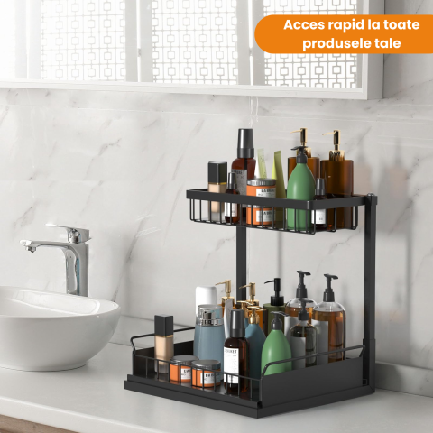 Organizator pentru dulap sub chiuveta HASEPE, 2 nivele, pentru bucatarie, baie, rafturi metalice, Negru [6]