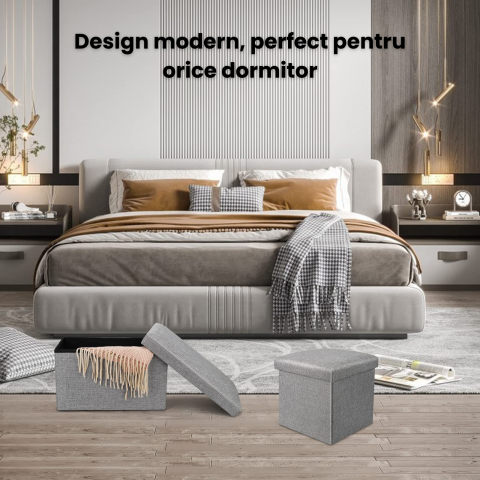 Taburet pliabil cu spatiu de depozitare HASEPE, MDF rezistent, tip otoman, pentru living sau dormitor, gri deschis, 45x30x30 cm [5]