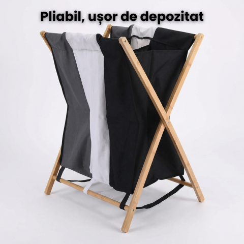 Cos Rufe HASEPE Triplu, Cu Cadru Din Bambus, Cos Rufe Cu 3 Compartimente Pentru Sortare Haine, Cos Rufe Pliabil Cu Material Rezistent, Tricolor, Organizare Eficienta Spatiu, Dimensiuni 72.5 x 40 x 74 [4]