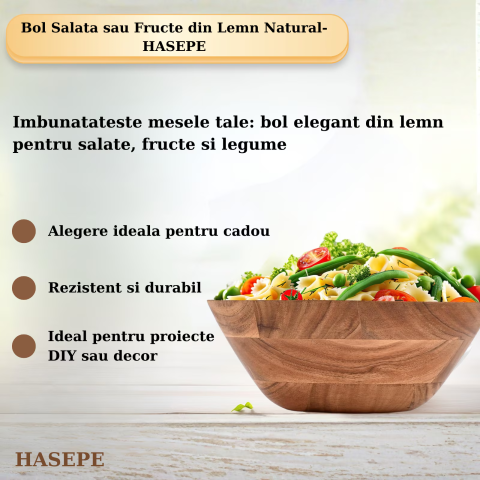 Bol mare pentru salată și fructe HASEPE, design rustic elegant, lemn natural, culoare închisă, 29x10.5cm, capacitate 3.5L [5]