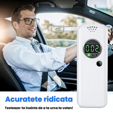 Etilotest Profesional Portabil HASEPE, Alcool Tester Digital cu Senzor Semiconductor, Afisaj LCD, Alerta LED+Audio, 7 Mustiucuri Incluse, Rezultate Rapide, Alb [2]