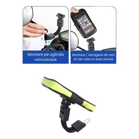 Suport Telefon Motocicleta HASEPE, Borseta Impermeabila cu Rotire 360°, Montare pe Oglinda Retro, Fermoar Etans, Compatibil Telefoane Pana la 6,7", Verde/Negru [3]