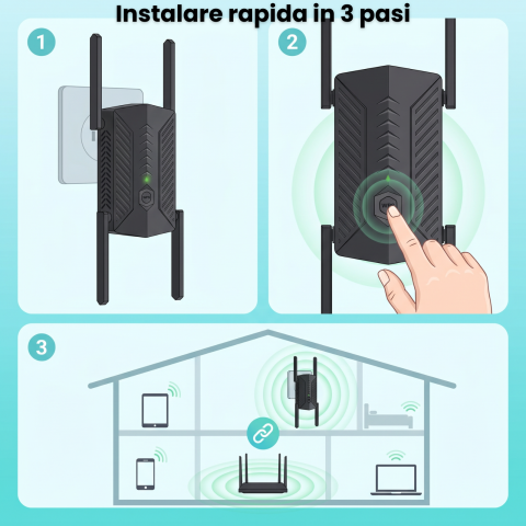 WiFi Repeater HASEPE® 3000Mbps WiFi Extender Dual Band 2.4GHz 5GHz, Amplificator WiFi Cu 4 Antene, WiFi Repeater Cu Port LAN Gigabit, WiFi Extender Mesh WPS, Amplificator WiFi Pentru Casa, Repeater Se [7]