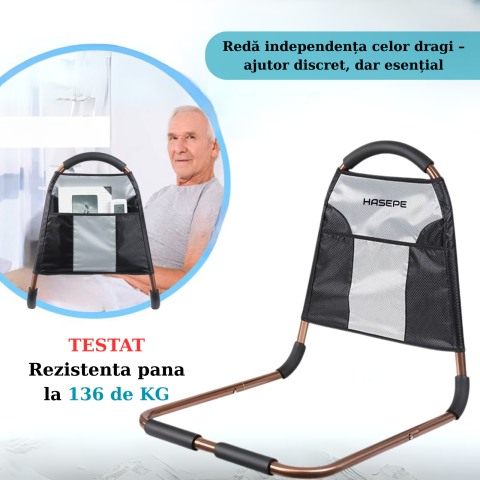 Maner de sprijin si balustrada pentru pat HASEPE, cu 3 bare de stabilizare si maner antiderapant, buzunar lateral, suport ridicare persoane varstnice, pacienti dupa operatie, femei insarcinate sau cu  [8]