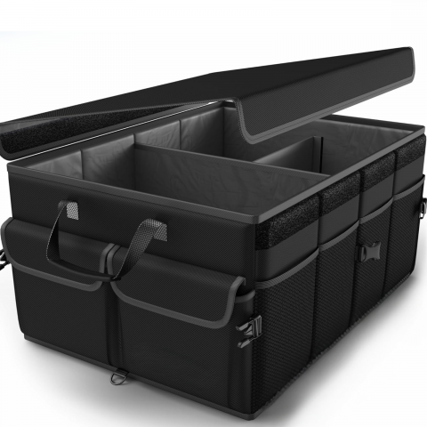 Suporturi auto - Organizator Portbagaj Auto 60L HASEPE, Pliabil, Multifunctional, Capac Detasabil, Curele Fixare si Baza Antialunecare, 3 Compartimente Mari + Buzunare Laterale, 51x32x37 cm, Negru Oxford