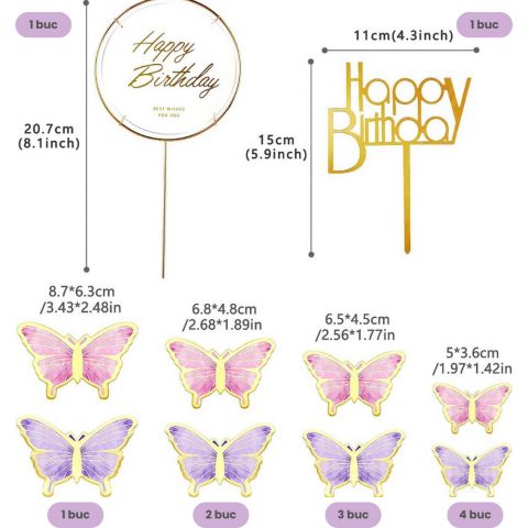 Decoratiuni Tort Happy Birthday Home Sweet Paradise, Set 22 Piese Fluturasi Acrilic si Hartie, Reutilizabile, pentru Aniversari, Baby Shower, Multicolor [2]