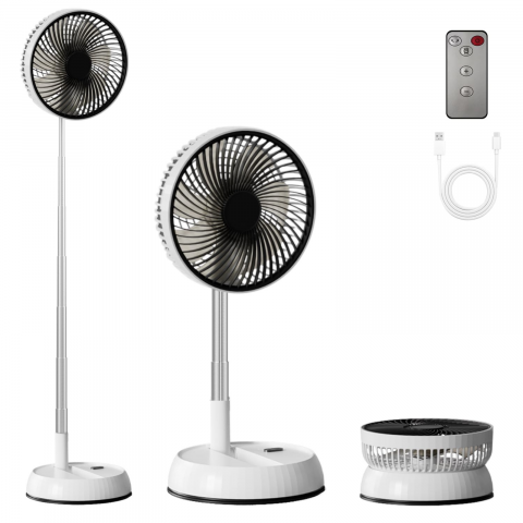 Ventilatoare si racitoare aer - Ventilator portabil telescopic HASEPE, pliabil cu telecomanda, 3 viteze, reglabil pe inaltime 35-85 cm, rotire automata 90°, cap inclinabil 180°, USB, diametru 20 cm, alb
