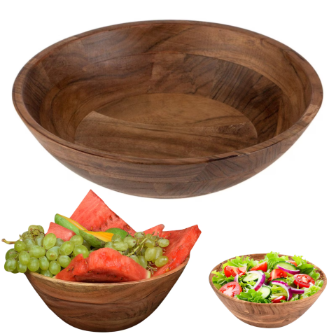Vesela pentru masa si tacamuri - Bol mare pentru salată și fructe HASEPE, design rustic elegant, lemn natural, culoare închisă, 29x10.5cm, capacitate 3.5L