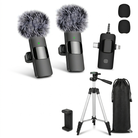Pachete promotionale - Pachet Set 2 Microfoane Lavaliera Wireless HASEPE + Trepied Foto Profesional Reglabil, Compatibil iPhone, Android, Laptop, Streaming Live, Reducere Zgomot, 2.4GHz, Rotire 360°, Suport Telefon si Camer