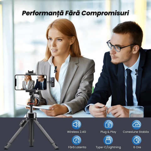 Set 2 Microfoane Lavaliera Wireless HASEPE, Plug & Play, Transmisie 2.4G, Autonomie 6H, Compatibile iPhone, Android, iPad, Sunet Clar pentru Vlog, Interviuri, YouTube, Live Streaming [6]