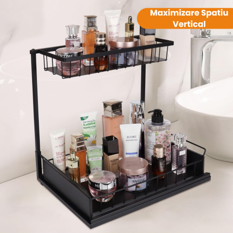 Organizator pentru dulap sub chiuveta HASEPE, 2 nivele, pentru bucatarie, baie, rafturi metalice, Negru [5]