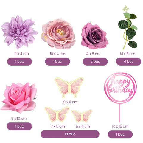 Set 20 Piese Topper Flori si Fluturi pentru Tort HASEPE, Happy Birthday, Nunta, Aniversari, Petreceri [1]