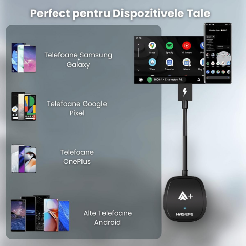 Modulator Android Auto Wireless HASEPE, USB/USB-C, Reconectare Automata, Streaming Netflix, YouTube, TikTok, Navigatie, Muzica, Apeluri, Negru [2]