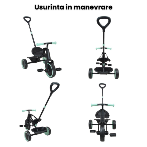 Tricicleta 2 in 1 HASEPE, cadru metalic si maner de control detasabil, roti mari, centura de siguranta in 3 puncte, cosulet pentru depozitare [3]