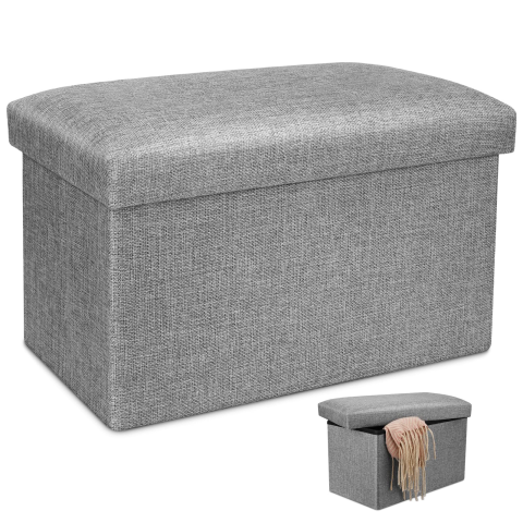 Mobila Living & Dining - Taburet pliabil cu spatiu de depozitare HASEPE, MDF rezistent, tip otoman, pentru living sau dormitor, gri deschis, 45x30x30 cm
