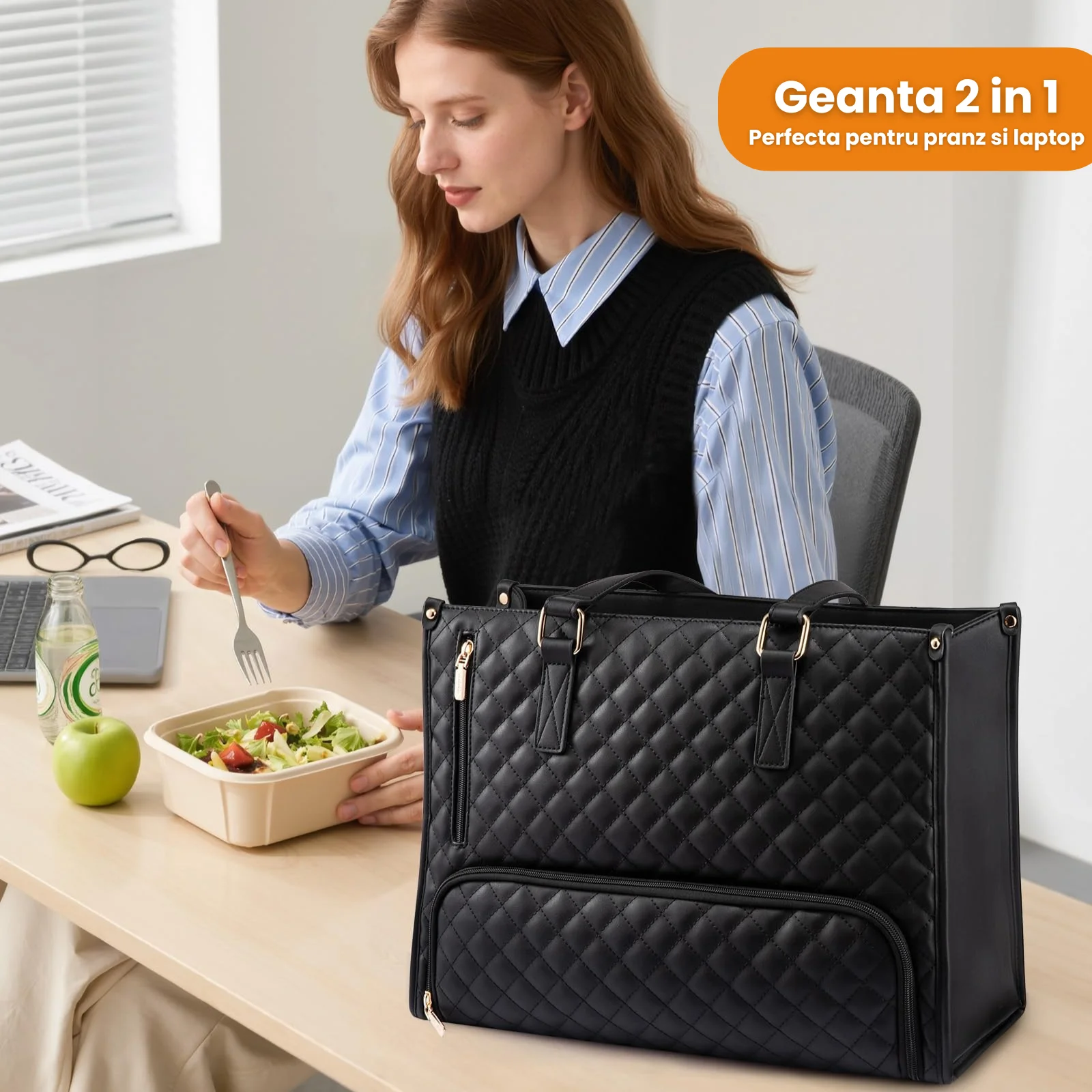 Geanta laptop HASEPE, 2 in 1 Laptop 15.6 inch cu compartiment termoizolant pentru pranz, impermeabila, mare, cu portofel inclus, pentru birou, scoala, calatorii, Negru [4]