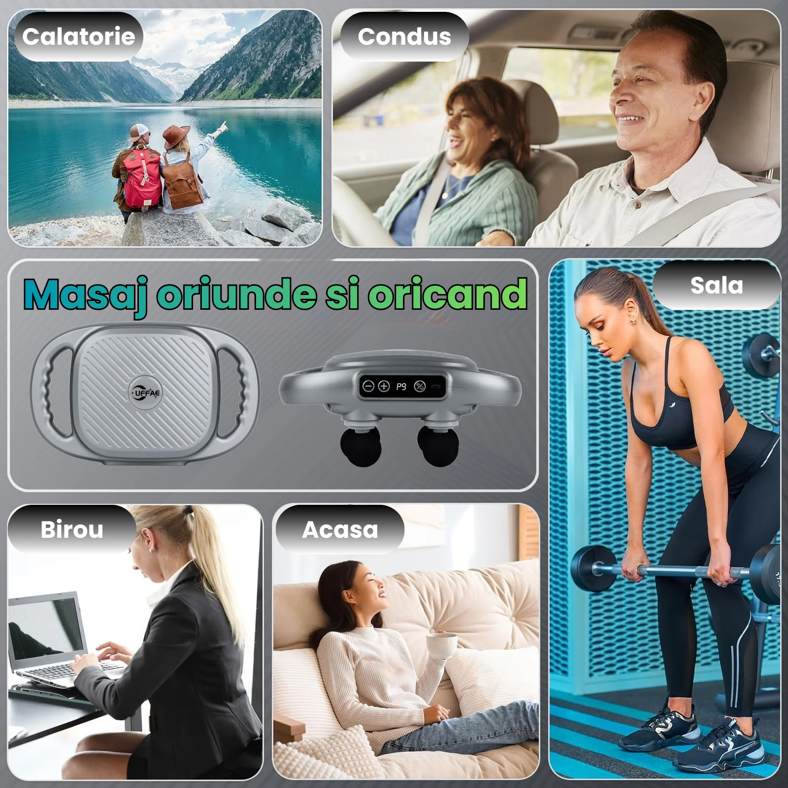 Pistol de masaj HASEPE, 6 capete, 9 moduri si 9 niveluri intensitate, 3200mAh, incalzire cu lumina rosie, relaxare muschi profunzi, ultra-silentios, potrivit pentru spate, picioare, brate, gri inchis [6]