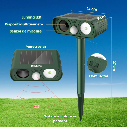 Dispozitiv Ultrasonic Solar Anti-Animale HASEPE, cu Senzor de Miscare 120°, LED Intermitent, Rezistent la Apa IP65, Protectie Ecologica pentru Gradina, Impotriva Pisicilor, Cainilor, Rozatoarelor si C [5]