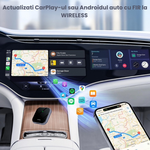 Modulator Auto CarPlay si Android Auto Wireless 2 in 1 HASEPE, Plug & Play, Compatibil iOS 10+ si Android 11+, WiFi 2.4/5Ghz, Procesor AI, Conectare Automata, Upgrade Masini cu CarPlay/Android Auto [7]