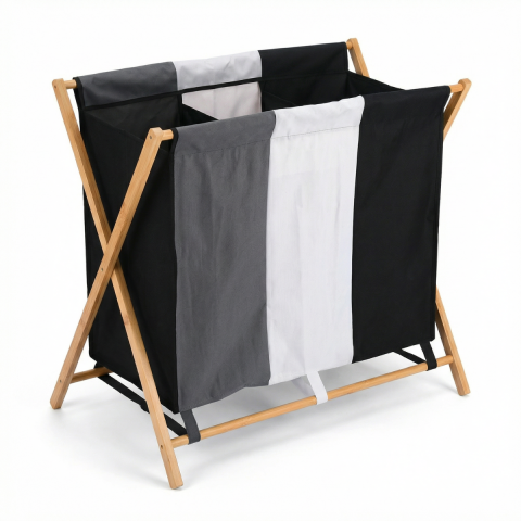 Cosuri pentru rufe si Ligheane - Cos Rufe HASEPE Triplu, Cu Cadru Din Bambus, Cos Rufe Cu 3 Compartimente Pentru Sortare Haine, Cos Rufe Pliabil Cu Material Rezistent, Tricolor, Organizare Eficienta Spatiu, Dimensiuni 72.5 x 40 x 74