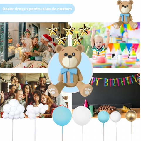 Set 38 Decoratiuni Topper Tort Ursulet Albastru HASEPE, pentru Botez, Baby Shower si Aniversari, Reutilizabile, Spuma si Plastic [4]