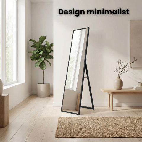 Oglinda de Podea HASEPE cu Rama Neagra din Lemn, Oglinda Decorativa pentru Hol si Dormitor, Oglinda de Podea cu Suport Stabil din Lemn, Design Modern Minimalist, Oglinda Decorativa pentru Interior, Di [6]