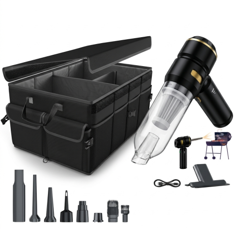 Pachete promotionale - Pachet Organizator Portbagaj Auto 60L HASEPE + Aspirator Auto Portabil 4 in 1, 6000 mAh, 100W, Pliabil, Multifunctional, 3 Compartimente, Filtru HEPA, Aspirare si Suflare, Accesorii Curatare Auto Comp