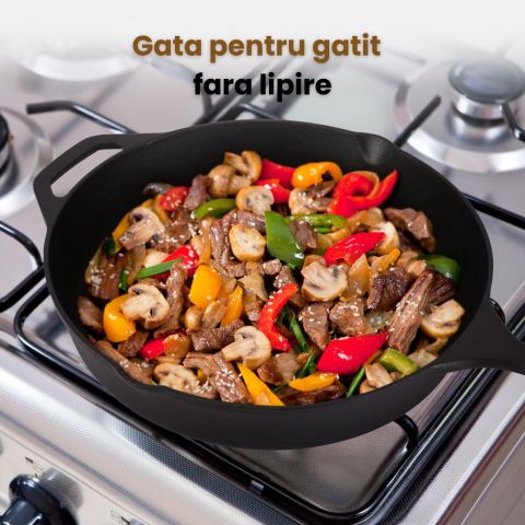 Tigaie rotunda din fonta HASEPE, compatibila cu inductie, cu manere duble si margini de scurgere, incalzire uniforma, durabila si usor de curatat, 26 x 5 cm [6]