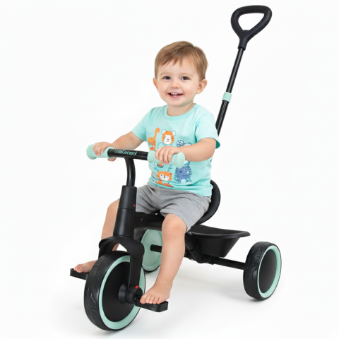 Triciclete - Tricicleta 2 in 1 HASEPE, cadru metalic si maner de control detasabil, roti mari, centura de siguranta in 3 puncte, cosulet pentru depozitare