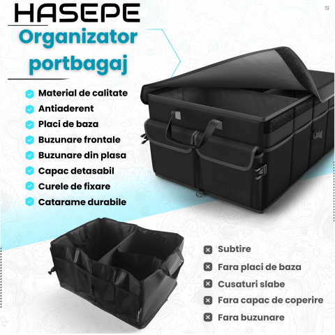 Organizator Portbagaj Auto 60L HASEPE, Pliabil, Multifunctional, Capac Detasabil, Curele Fixare si Baza Antialunecare, 3 Compartimente Mari + Buzunare Laterale, 51x32x37 cm, Negru Oxford [2]